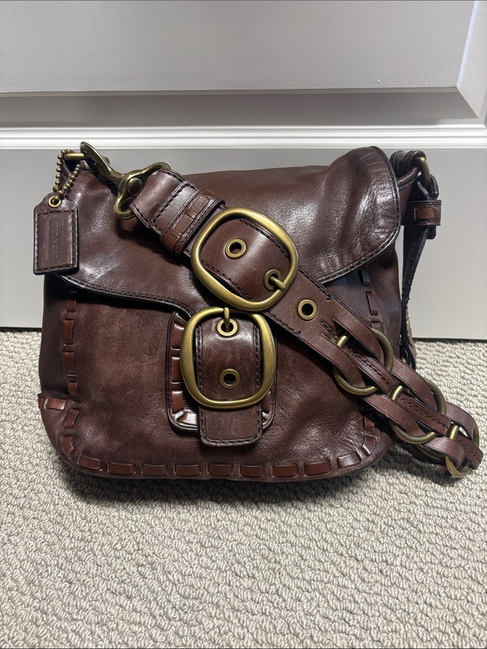 Classic Coach Brown Leather Messenger Bag with Brass Buckles